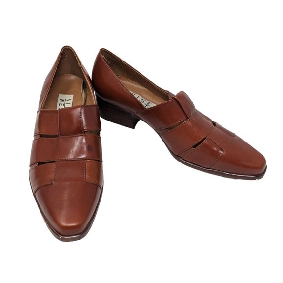 Vintage 1990s Nine West Casual Shoes Brown Slip On Leather Pump Block Heels 8.0 - Picture 2 of 6